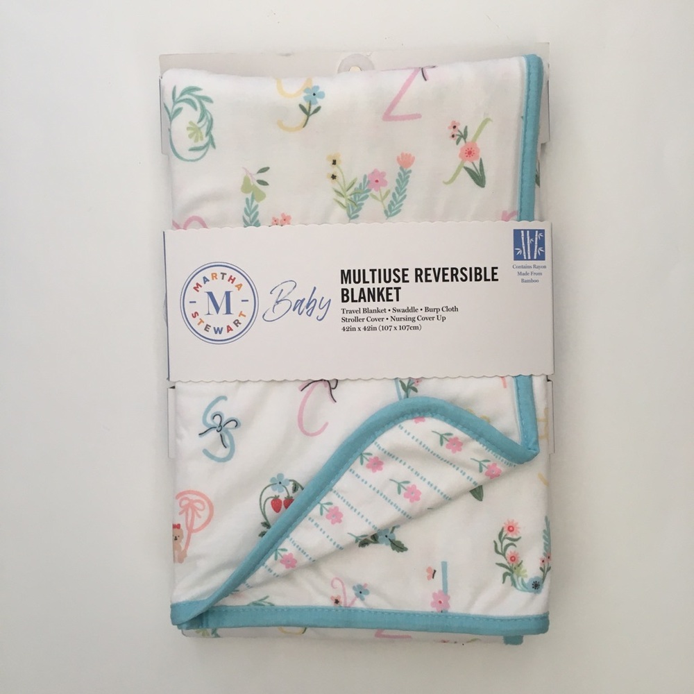 NEW Baby Blanket Reversible Multiuse Alphabet Floral Blue Trim | Martha Stewart
